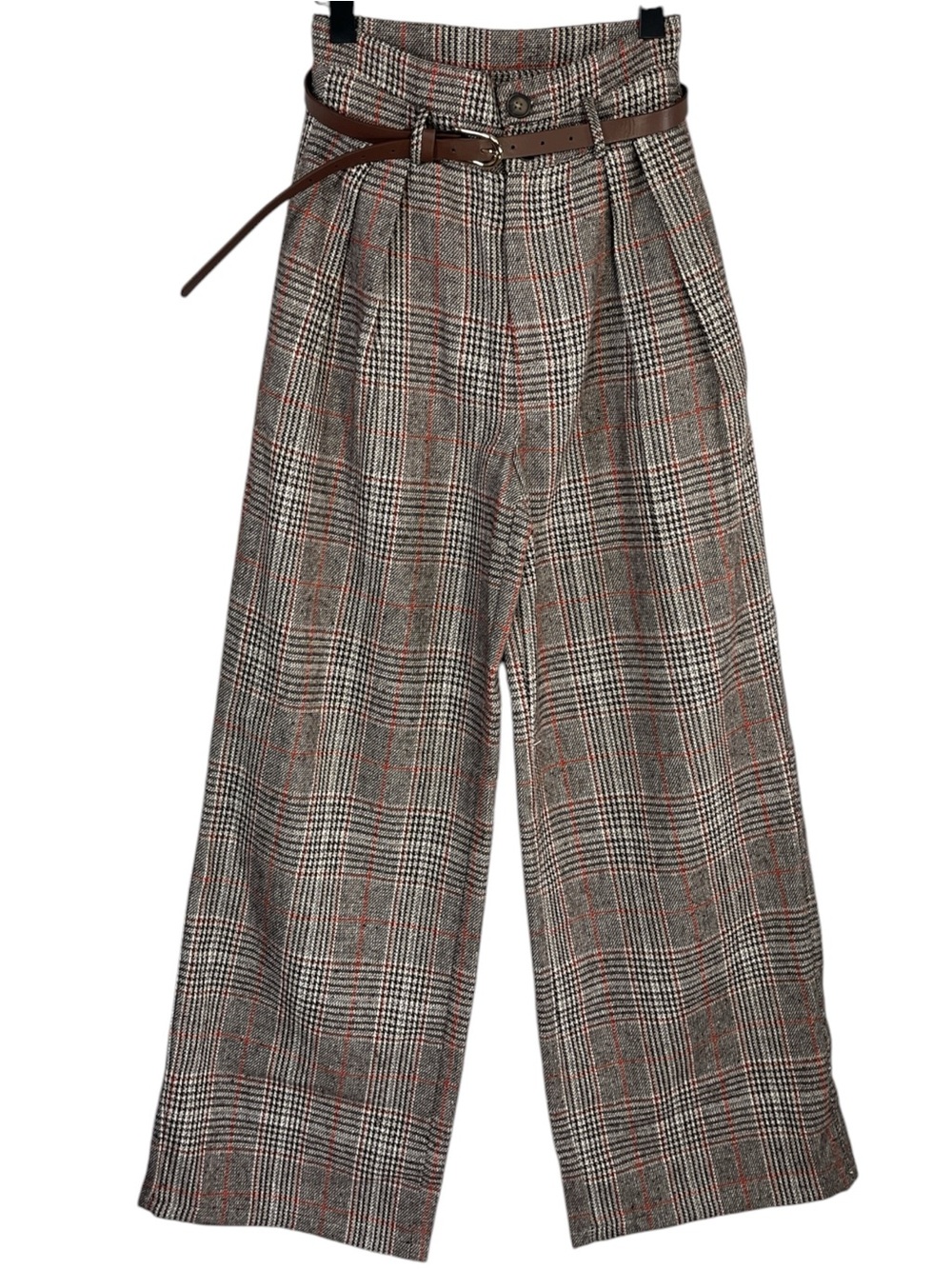 NWT Commense Belted Plaid High-Waisted Pants in Brown Size XS - Picture 4 of 9